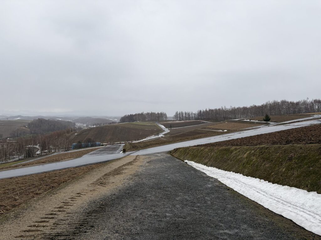 雨で濡れた4月の美瑛の丘の道路。路肩に雪が残り、運転の負担が大きかった