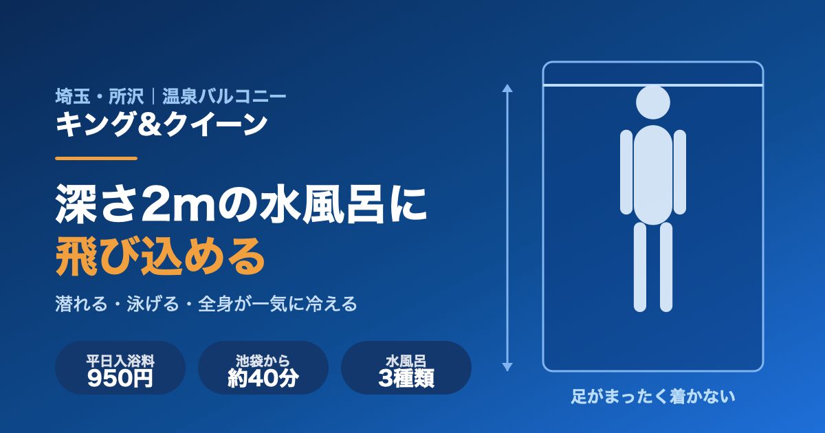 深さ2mの水風呂に飛び込める温泉施設「キング&クイーン」（埼玉県所沢市・平日950円）